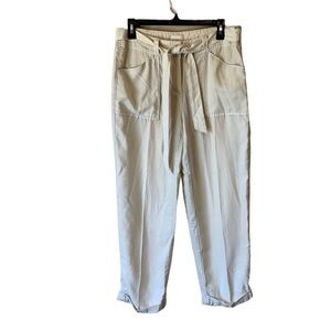 Chico’s Cream Linen Blend Cropped Pants Belted, Lightweight, Size Small Coastal